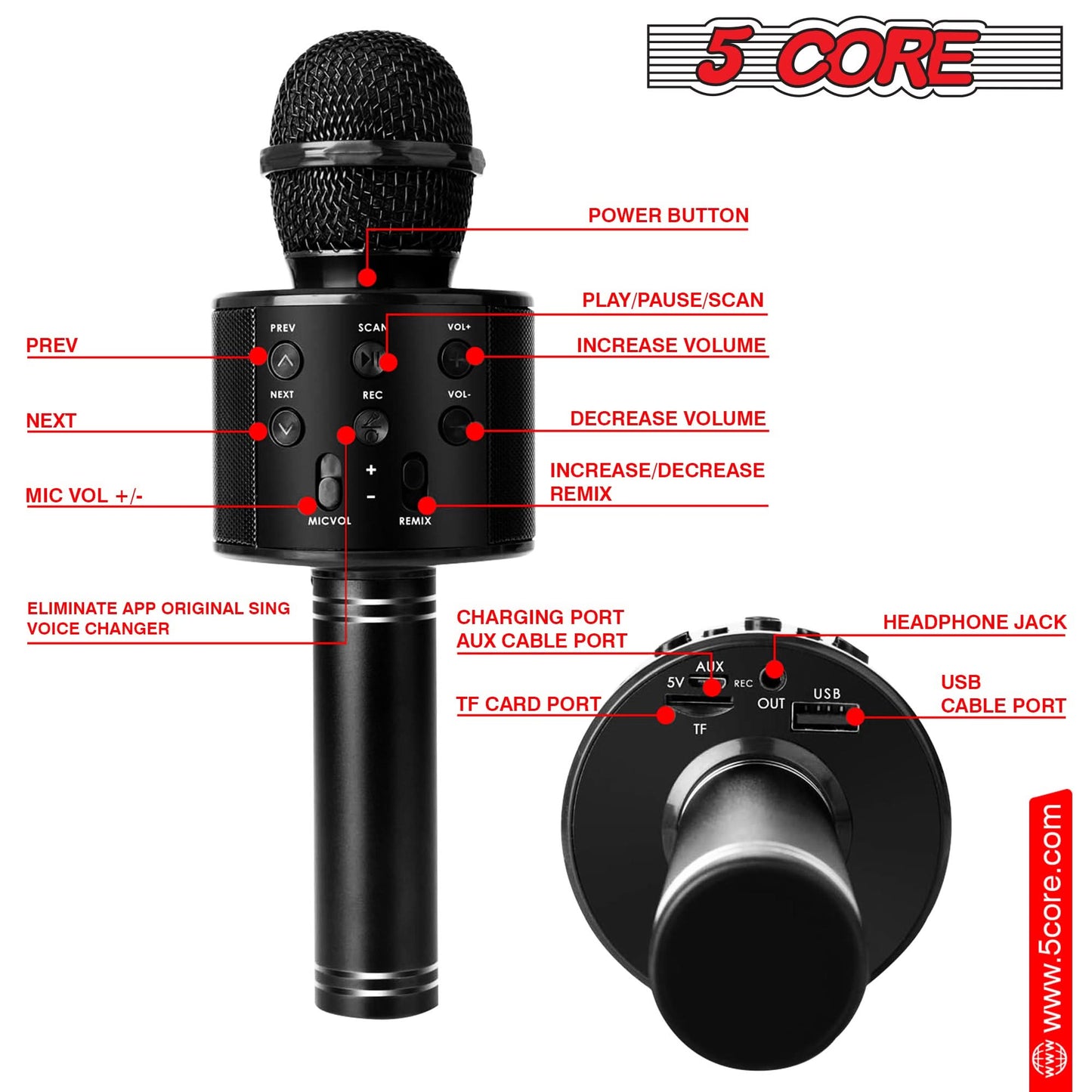 5Core Wireless Karaoke Microphone Bluetooth Mic Portable Handheld Microfonos Inalambricos BLACK & BLUE
