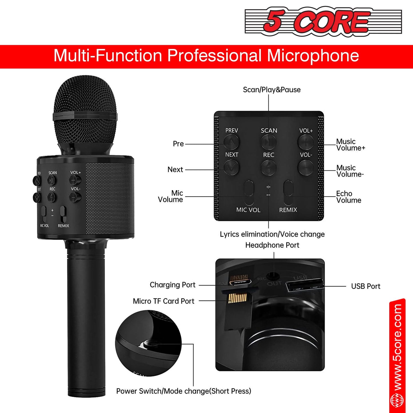 5Core Wireless Karaoke Microphone Bluetooth Mic Portable Handheld Microfonos Inalambricos BLACK & BLUE