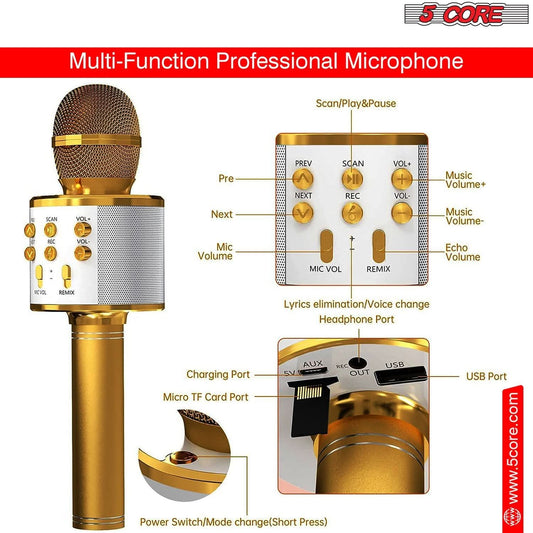5Core Wireless Karaoke Microphone Bluetooth Mic Portable Handheld Microfonos Inalambricos GOLD